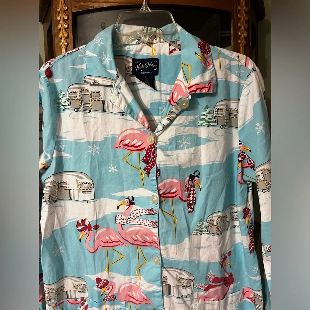 Vintage Nick & Nora Airstream Camper Flamingo Pajama Shirt Classic Sleep Medium - Picture 2 of 6